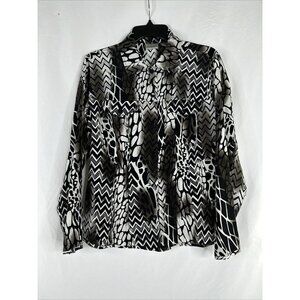Chicos Silk Button Up Top Womens Size 1 Black White Geometric Long Sleeve